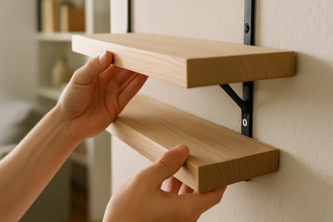 Mãos ajustando base de prateleira de madeira natural com acabamento fosco
