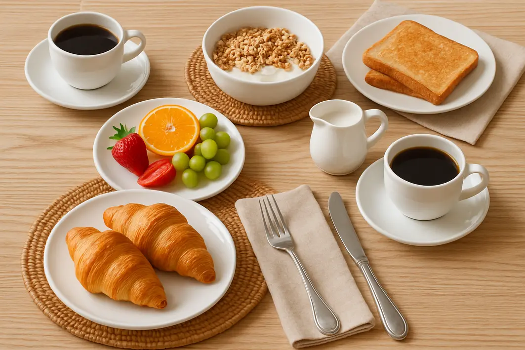 Mãos organizando guardanapos de pano com nó rústico sobre mesa de café da manhã com bandeja de frutas e bule de vidro ao fundo