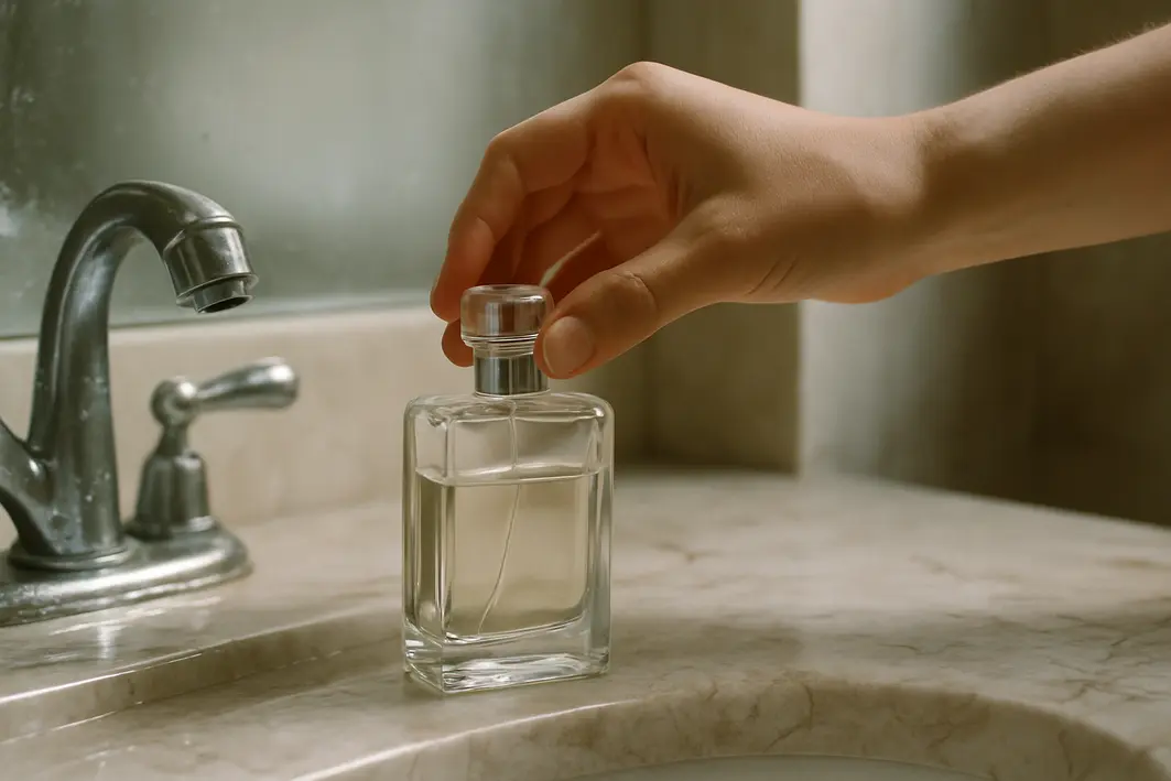 Mão fechando frasco de perfume transparente ao lado da pia do banheiro com gotas d'água na torneira e vapor no espelho