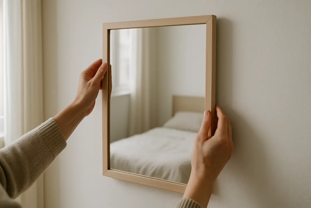 mao organizando espelho quarto feng shui Mãos ajustando espelho de moldura simples em parede de quarto com cama e tecidos neutros ao fundo
