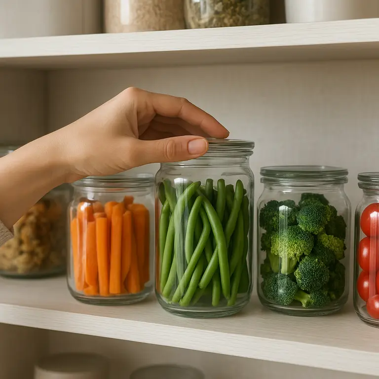 Mão feminina organizando potes de vidro transparentes com legumes frescos em prateleira de despensa moderna