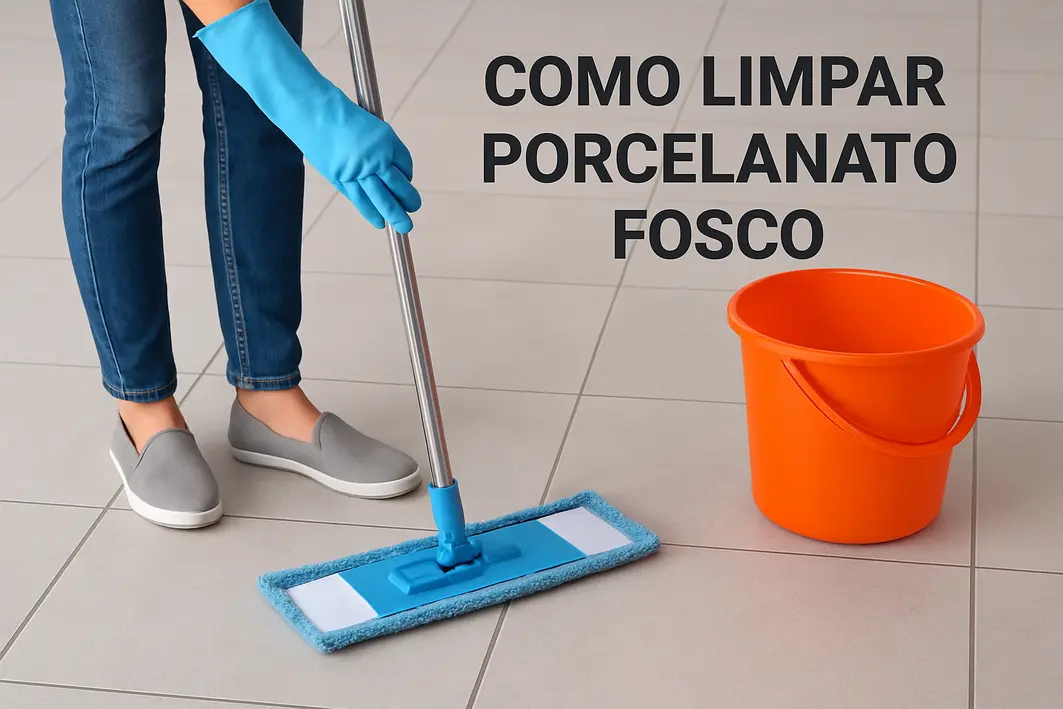 Mãos femininas segurando balde transparente com solução de limpeza e aplicando pano microfibra sobre porcelanato fosco em piso interno