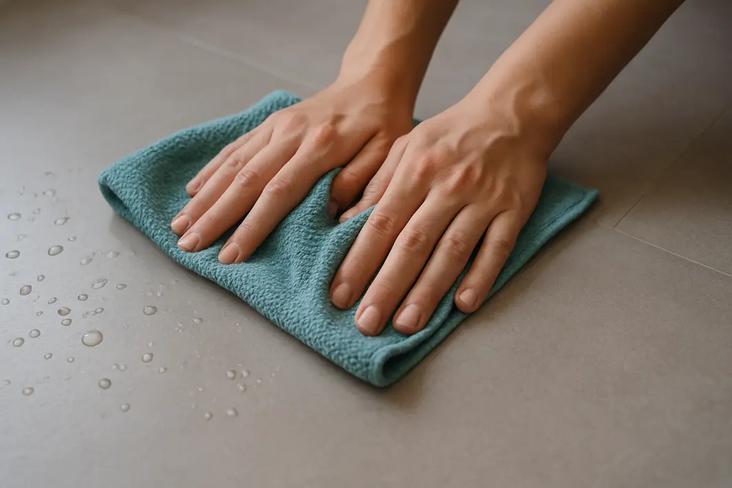 Mãos segurando pano de microfibra úmido limpando porcelanato fosco com gotas de água sobre o piso