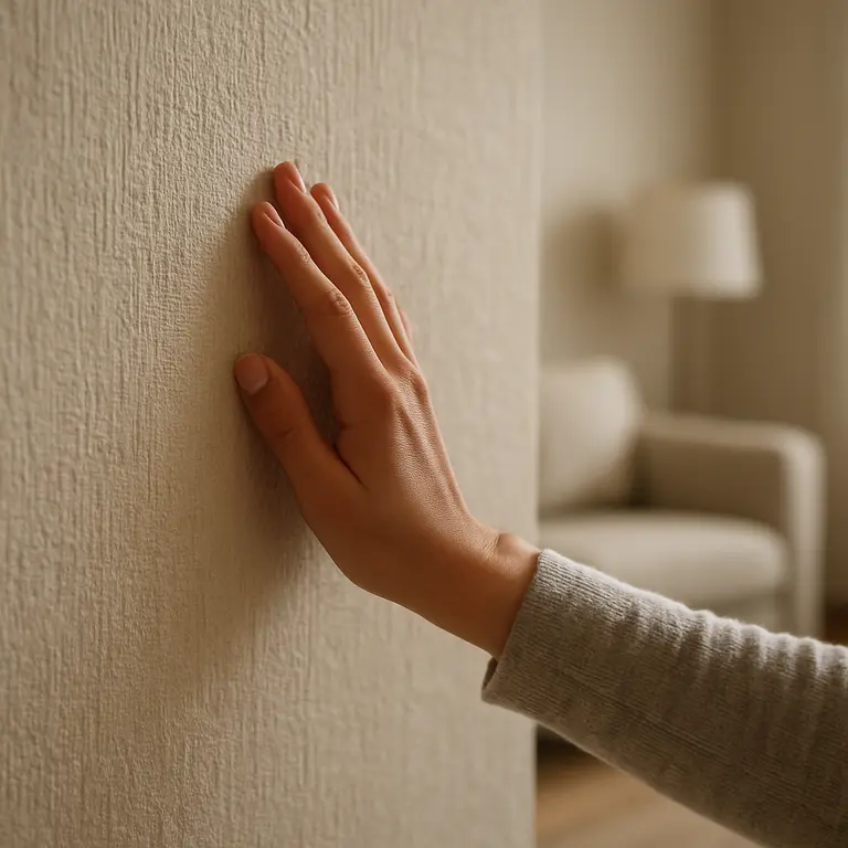 Pessoa tocando papel de parede com textura evidente em parede interna