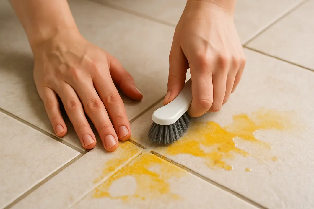 Mãos femininas usando escova pequena para limpar rejuntes de piso porcelanato com manchas amarelas