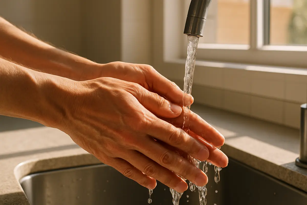 maos lavando cheiro alho cozinha Mãos femininas lavando suavemente sob água corrente em pia de aço inox em cozinha moderna