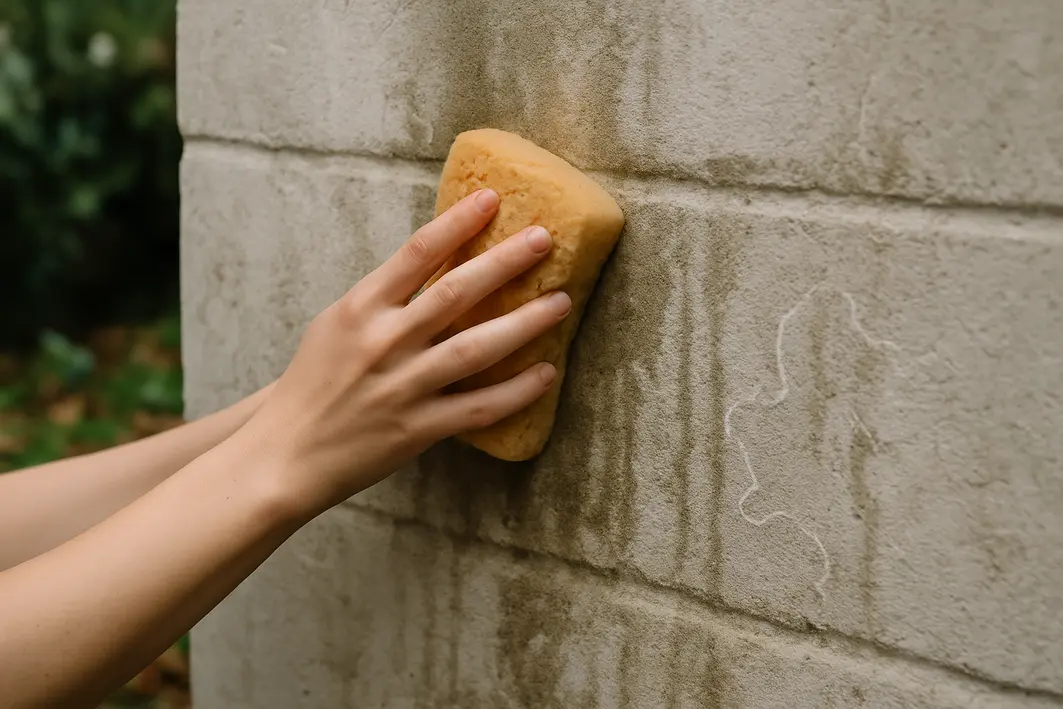 Mãos femininas limpando parede externa com esponja úmida e manchas de caramujos