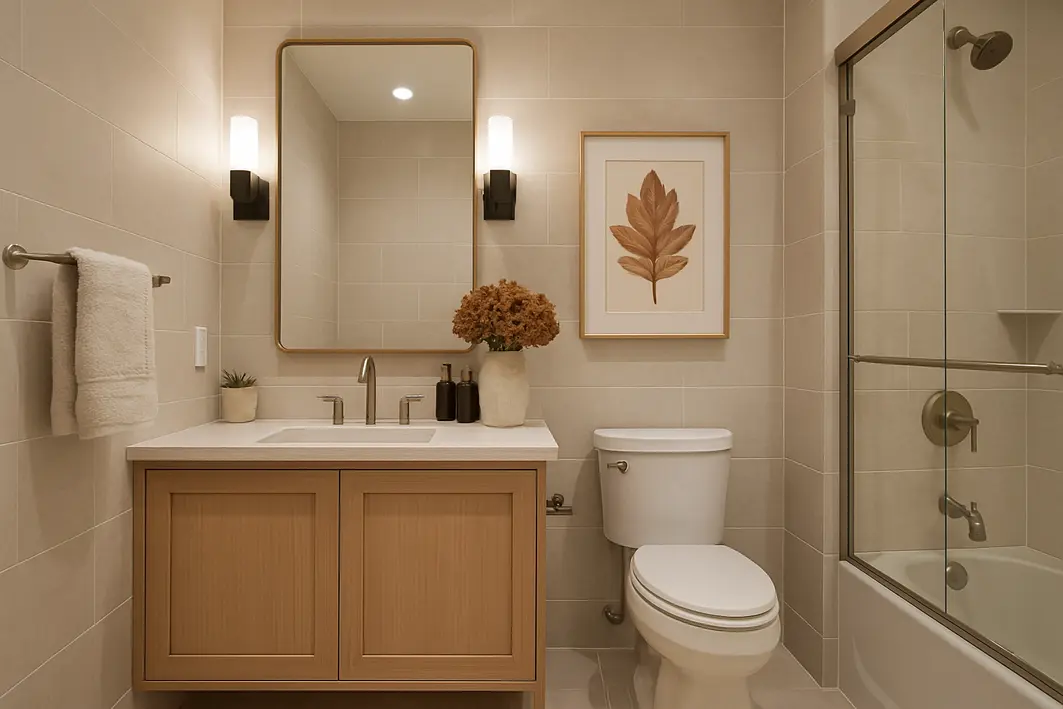 Mãos de pessoa medindo espaço livre de circulação à frente do vaso sanitário em banheiro social pequeno com bancada clara e box de vidro fosco