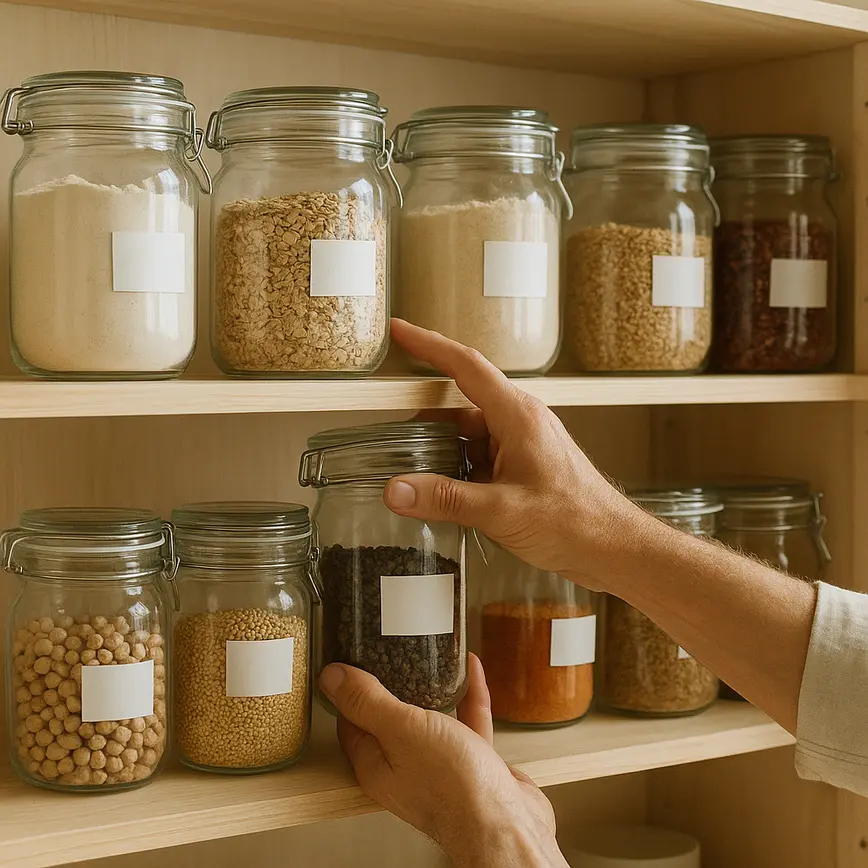 maos organizando potes despensa grande Mãos adultas organizando potes transparentes com grãos e temperos em prateleiras de madeira clara da despensa grande