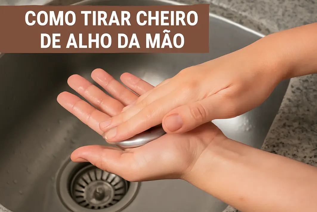 Mãos femininas segurando dente de alho fresco sobre tábua de madeira clara