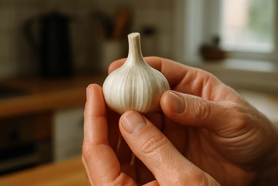 Mãos de pessoa adulta segurando um dente de alho fresco com detalhes visíveis nas pontas dos dedos e unhas