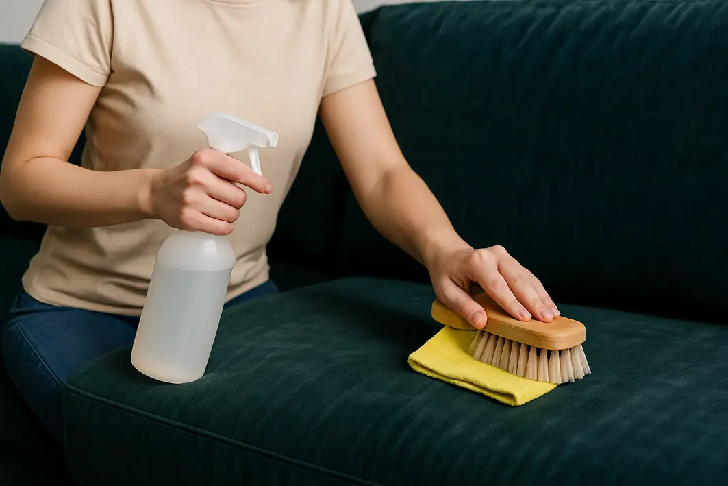 Mãos femininas segurando etiqueta costurada na lateral de sofá de veludo azul escuro