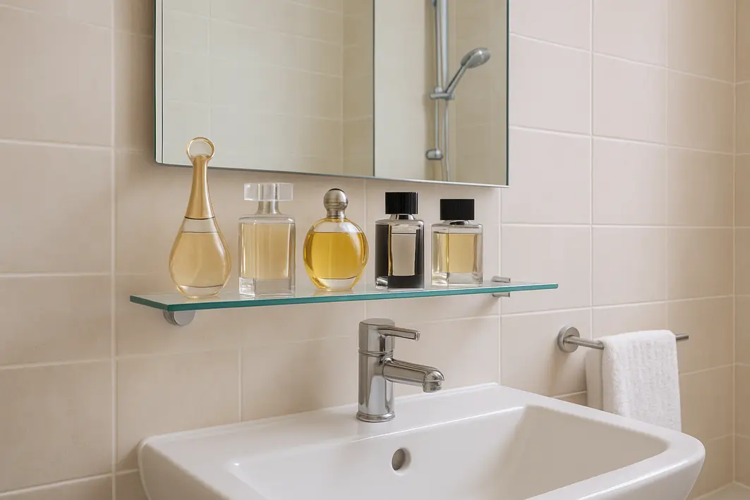 Mãos femininas segurando frasco de perfume elegante dentro de armário de banheiro com prateleiras organizadas e gotas de condensação