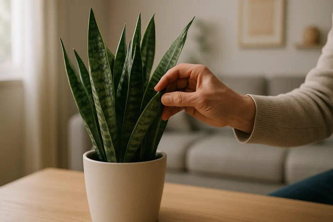 Mão adulta tocando folhas verdes e robustas de espada-de-são-jorge em vaso simples sobre mesa de madeira clara