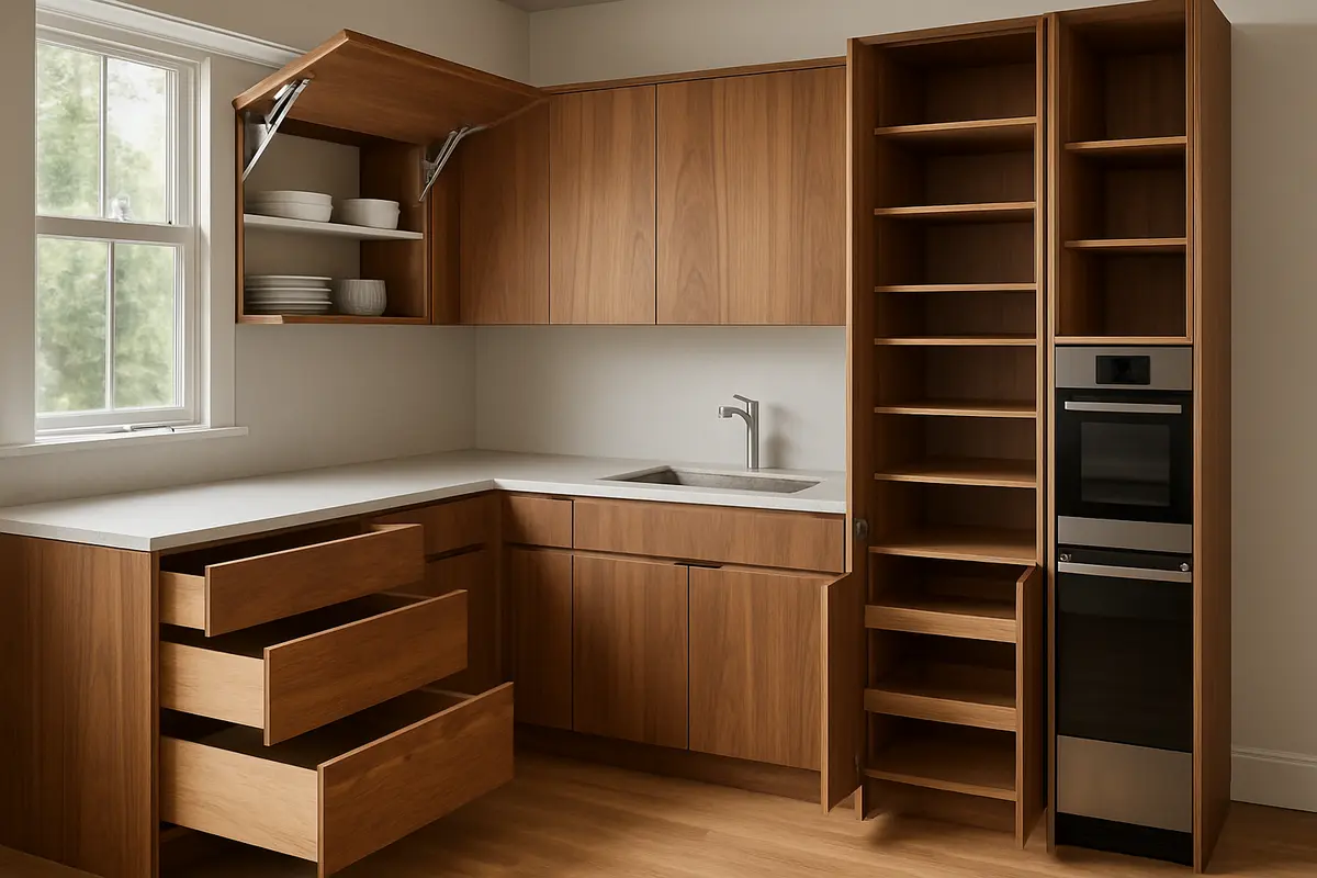 marcenaria inteligente cozinha gavetas colunas Cozinha moderna com marcenaria inteligente mostrando gavetas profundas, colunas deslizantes e portas basculantes sobre bancada clara