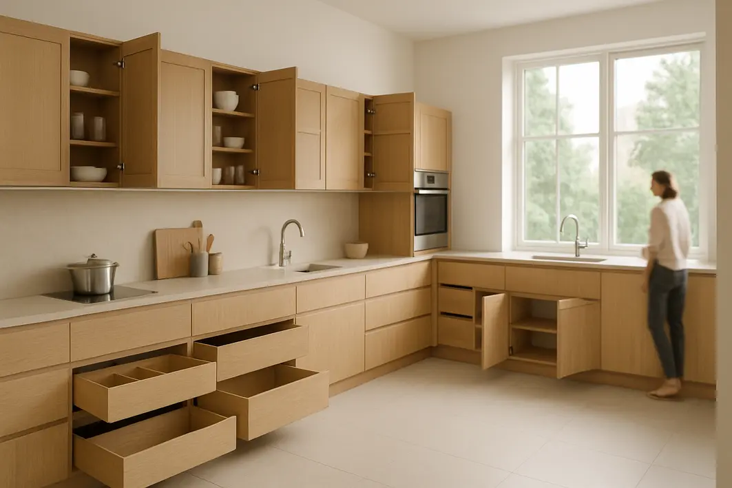 Cozinha moderna espaçosa com marcenaria planejada em madeira clara, armários com gavetas e portas inteligentes parcialmente abertos, bancada clara e eletrodomésticos embutidos