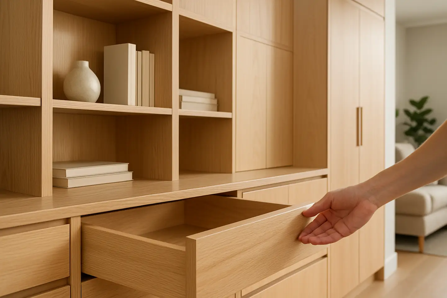 marcenaria sob medida ambiente moderno 1 Ambiente moderno com marcenaria sob medida em madeira clara com prateleiras embutidas e armarios planejados