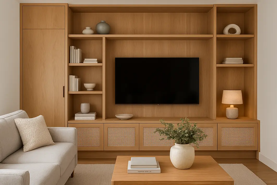 Armário de madeira sob medida integrado em ambiente residencial moderno