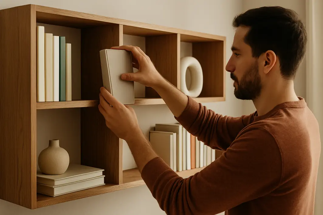 Morador organizando livros e objetos em nichos de madeira sob medida na sala