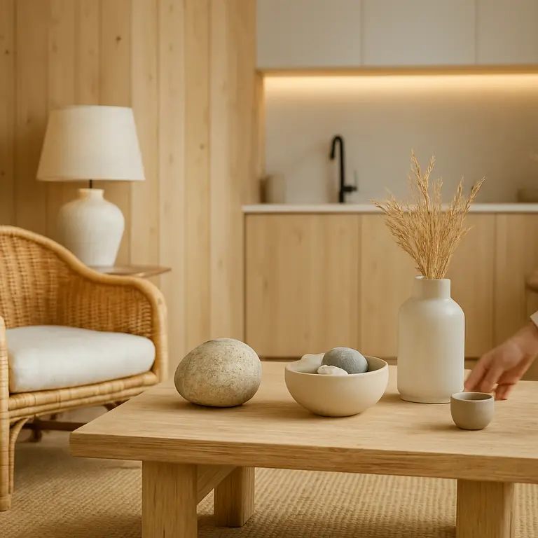 Ambiente interno casa com madeira bruta clara, cadeiras de rattan, tapete texturizado, pedras decorativas e cozinha integrada ao fundo