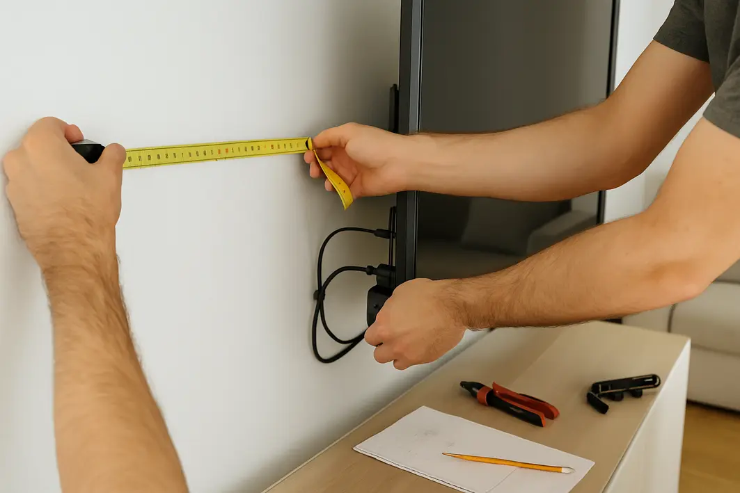 Mãos masculinas medindo distância entre televisão montada na parede branca usando fita métrica metálica