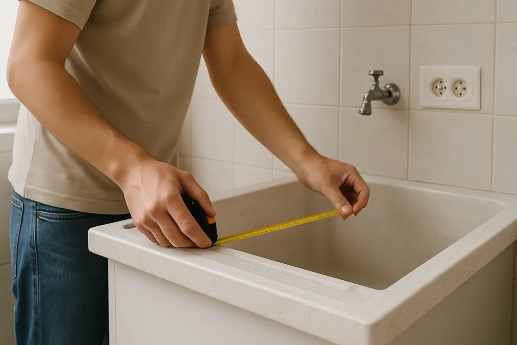 Mão segurando fita métrica para medir bancada na área de serviço com tanque e tomadas na parede