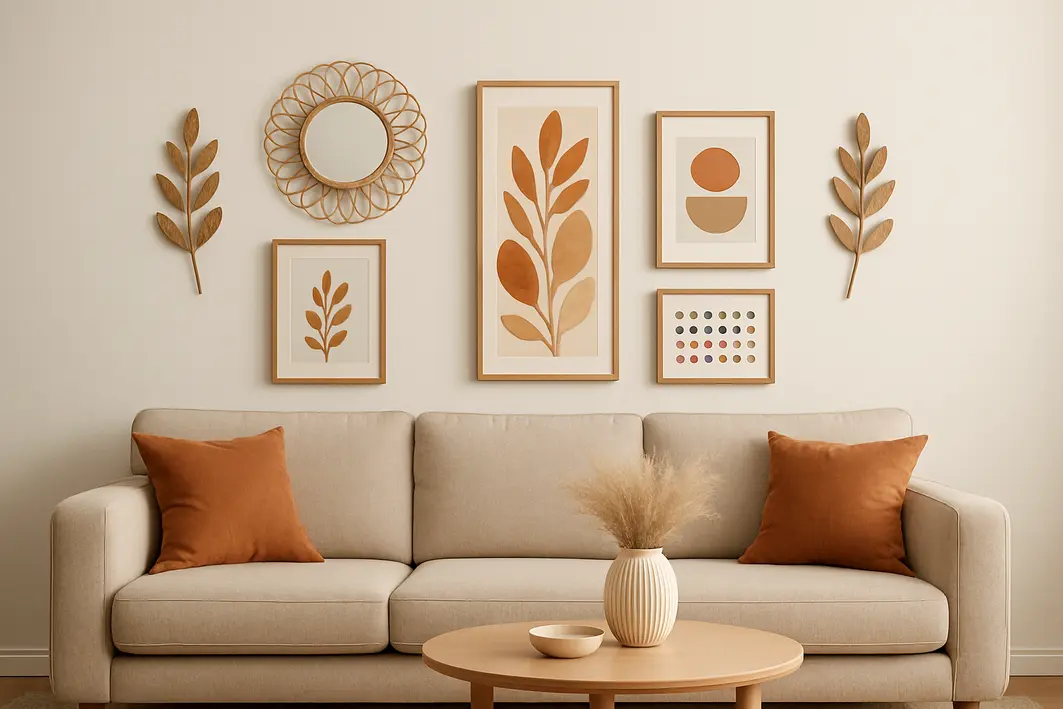 Mãos masculinas segurando fita métrica esticada na parede lisa atrás do sofá com caderno aberto ao lado anotando medidas