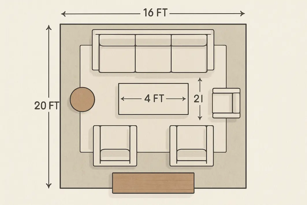 Mãos segurando fita métrica esticada sobre chão de madeira clara ao lado de croqui desenhado à mão em caderno
