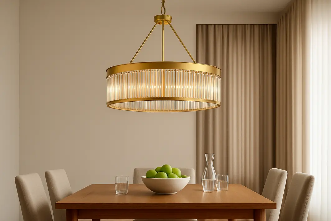 Pessoa medindo a distância entre lustre pendurado e mesa de jantar com fita métrica