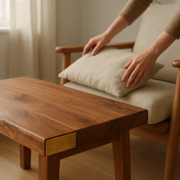 Mesa de centro artesanal em madeira sólida com detalhes em latão polido e mãos ajustando almofada de linho bege em poltrona ao lado em ambiente interno