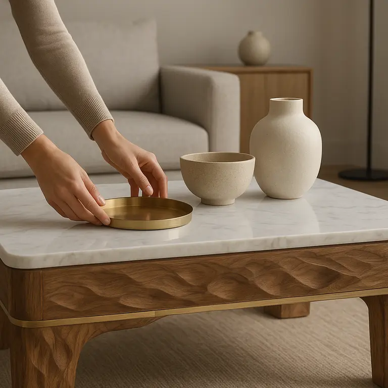 Mesa de centro esculpida em madeira e mármore com detalhes em latão polido e mãos ajustando objetos decorativos em sala contemporânea