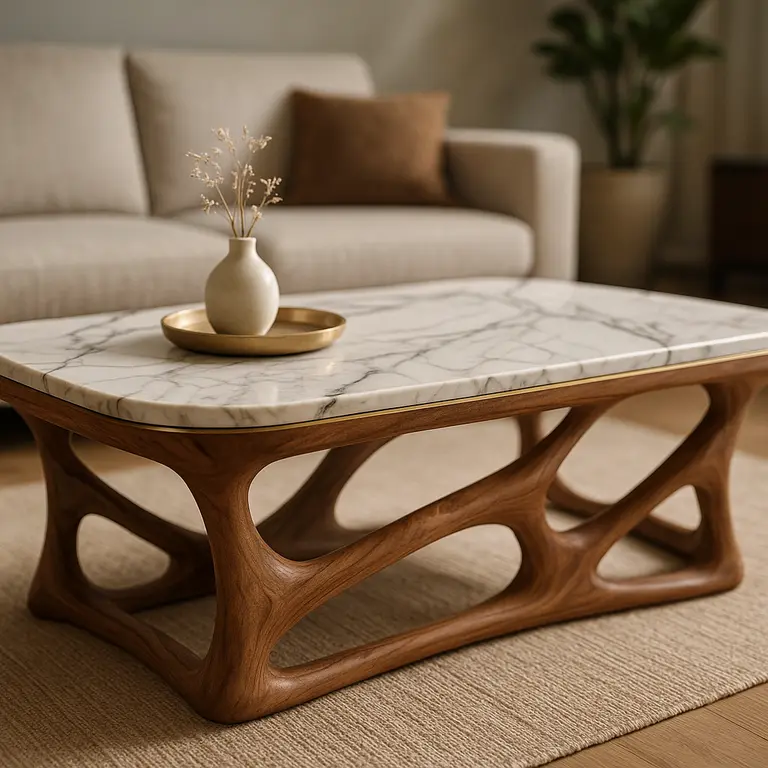 Mesa de centro escultural com madeira maciça veios aparentes tampo de marmore polido veios marcantes e detalhes delicados em latão em sala moderna elegante