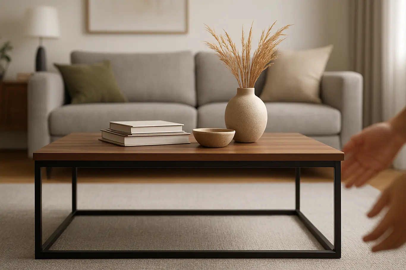 mesa de centro moderna sala elegante Mesa de centro moderna em madeira com detalhes texturizados em sala de estar elegante