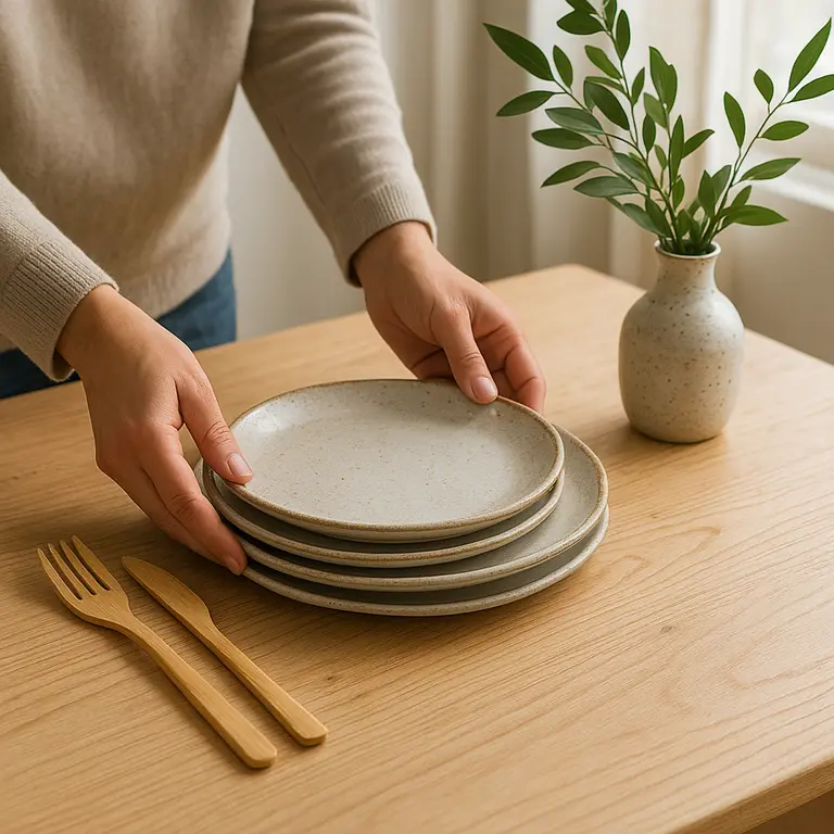 Mesa de jantar de madeira clara com acabamento natural e mãos organizando pratos de cerâmica artesanal sobre a superfície