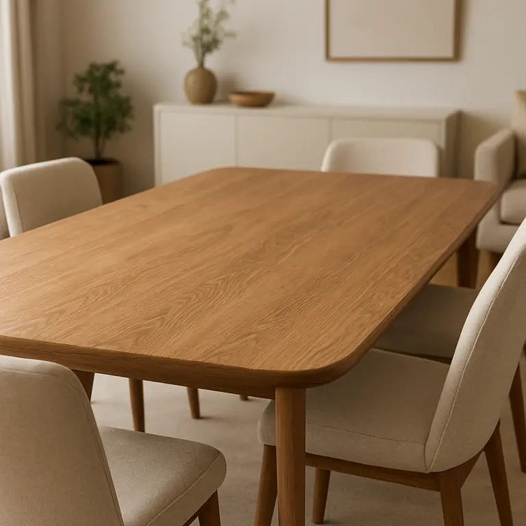 Mesa de jantar design em madeira natural com forma retangular e cadeiras estofadas claras em ambiente contemporâneo
