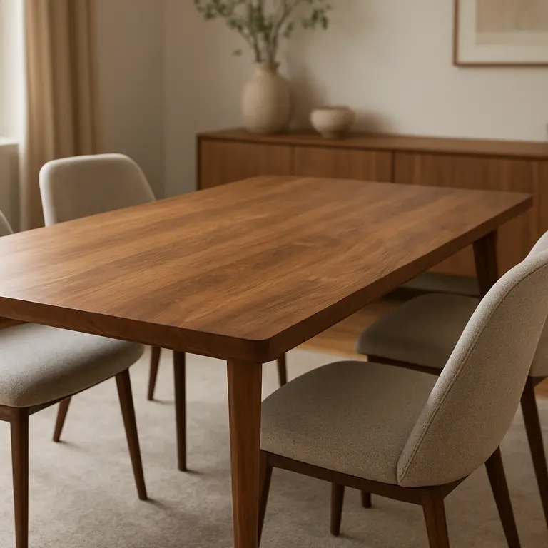 Mesa de jantar design com tampo de madeira natural e cadeiras confortáveis em ambiente moderno e aconchegante