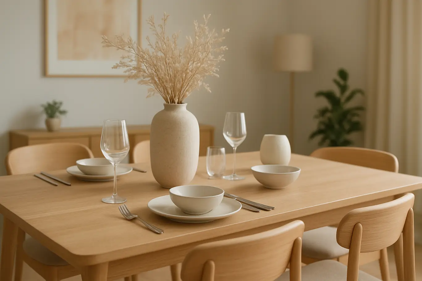 mesa de jantar design moderna madeira clara Mesa de jantar moderna com superfície em madeira clara e cadeiras minimalistas em ambiente doméstico elegante