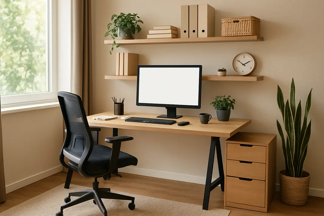 Pessoa ajustando luminária de luz natural em mesa de home office ao lado de plantas verdes