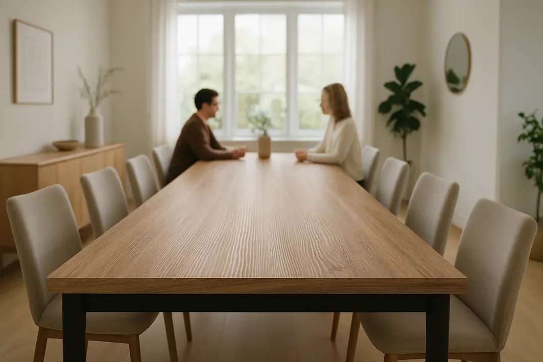 Sala de jantar ampla com mesa central revestida por contact de madeira texturizada e cadeiras alinhadas ao redor