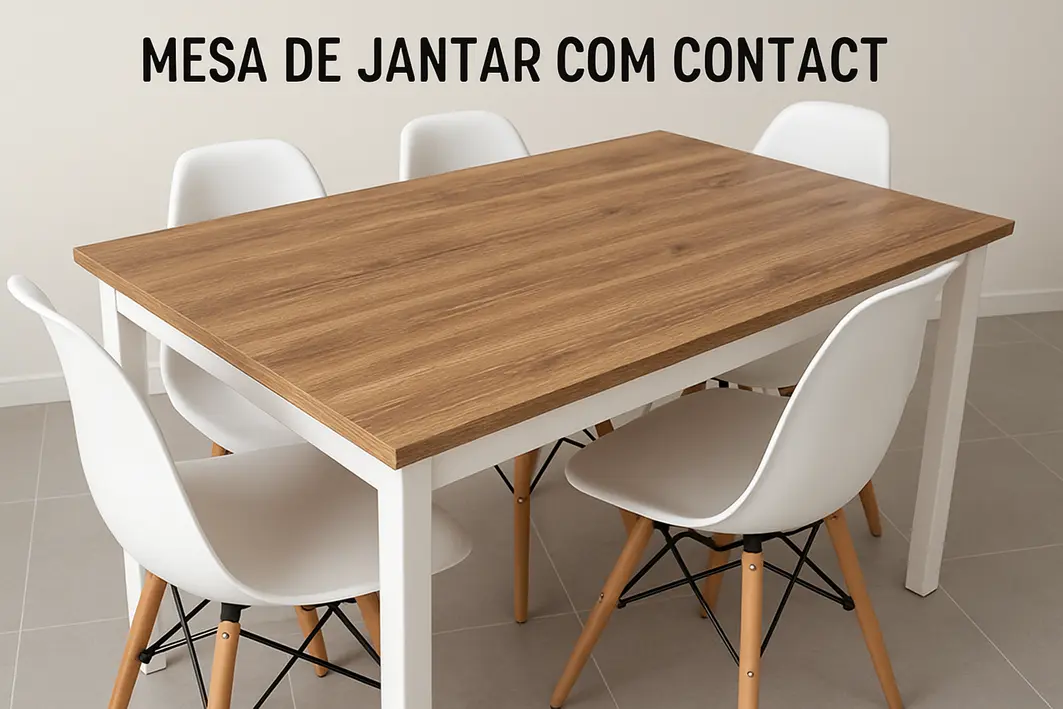 Mesa de jantar sendo renovada com adesivo de contact madeira aplicada por mãos