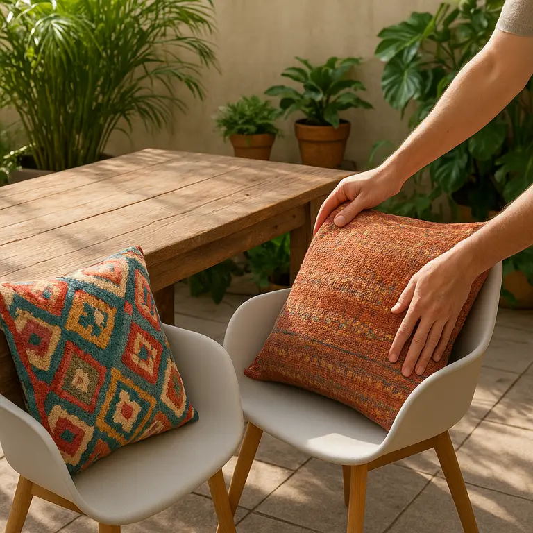 Mesa de madeira rústica em varanda com mãos ajustando almofadas coloridas em cadeiras modernas rodeada de plantas verdes