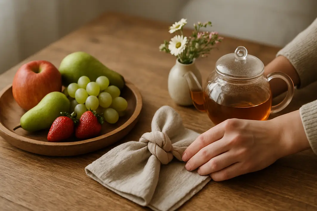 Mãos ajustando guardanapo de pano com nó rústico ao lado de bandeja de madeira com frutas frescas, bule de vidro com chá e vaso com flores naturais em mesa de café