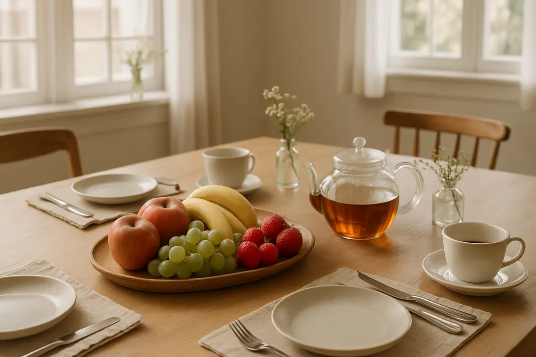 Mesa posta de café da manhã com bandeja de frutas frescas, bule de vidro translúcido, guardanapos rústicos, pratos, talheres e vasos pequenos com flores
