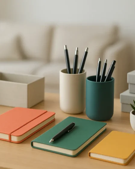 mesa trabalho organizada criativa decoracao Mesa de trabalho doméstica organizada com cadernos coloridos, canetas em suportes elegantes, caixas organizadoras modernas e plantas decorativas em ambiente clean