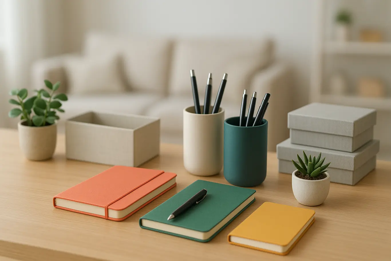 mesa trabalho organizada criativa decoracao Mesa de trabalho doméstica organizada com cadernos coloridos, canetas em suportes elegantes, caixas organizadoras modernas e plantas decorativas em ambiente clean