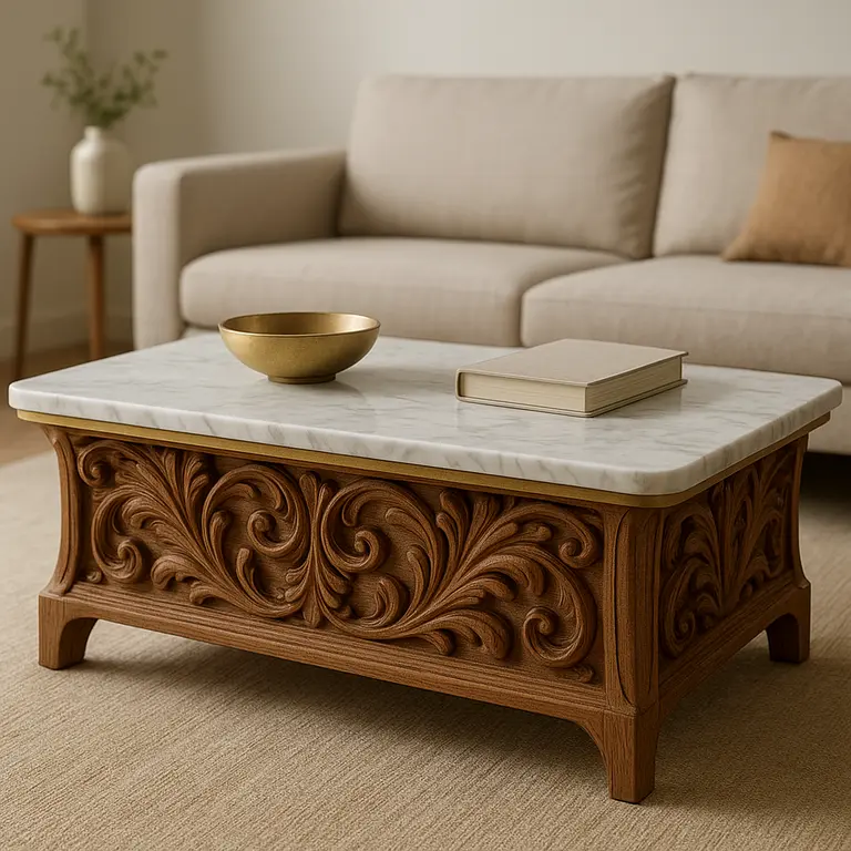 Mesa de centro esculpida em madeira com detalhes em mármore e estrutura de latão