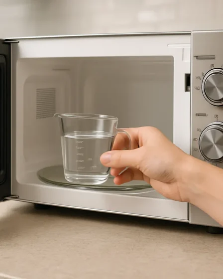 microondas aberto recipiente vinagre branco Microondas aberto com interior limpo e recipiente de vidro com vinagre branco na cozinha moderna