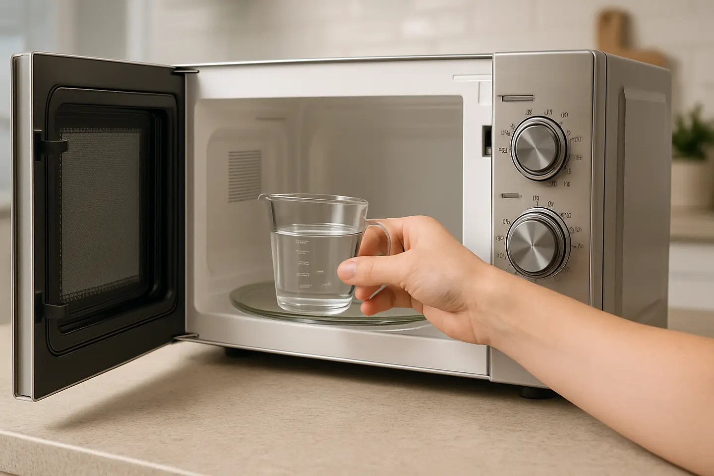 microondas aberto recipiente vinagre branco Microondas aberto com interior limpo e recipiente de vidro com vinagre branco na cozinha moderna