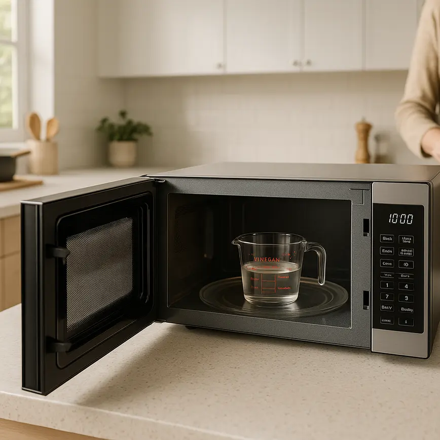 Microondas moderno aberto com recipiente de vidro contendo mistura de vinagre e água no interior, em cozinha residencial ampla e organizada