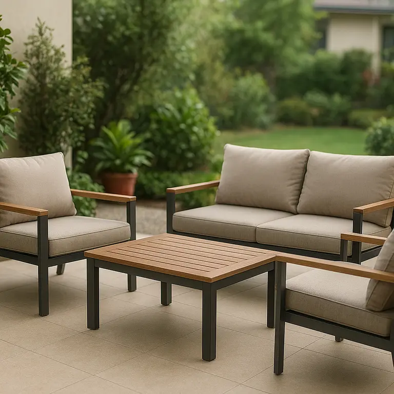 Conjunto de móveis externos resistentes em varanda com plantas